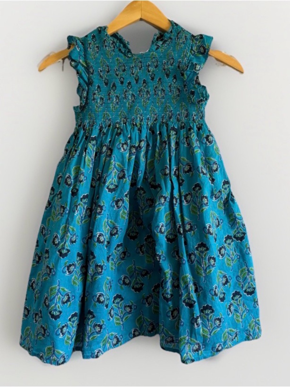 French Connection Girls 7/8 Dress Teal Blue Block Print Smocked Cotton Ruffle